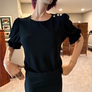 Black Fitted Blouse with Puffed Sleeves and Embellishments